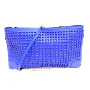 Auth Christian Louboutin Blue Spiked Studded Calfskin Loubiposh Clutch